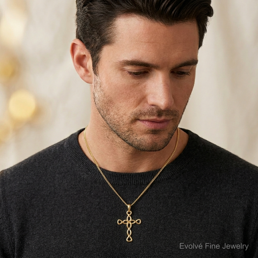 14k Polished Cross Pendant - Model Shot
