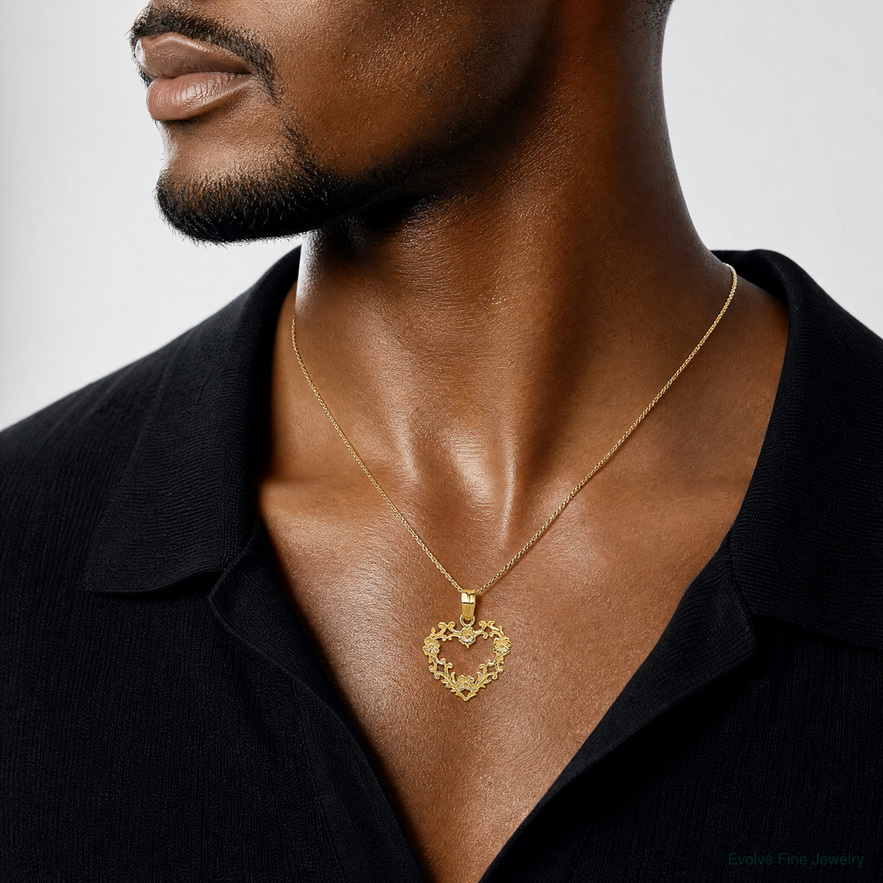 14K Polished Floral Border Heart Pendant - Model Shot