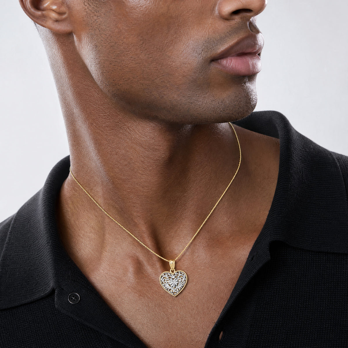 14K Two-tone Polished Diamond-cut Reversible Heart Pendant - Model Shot