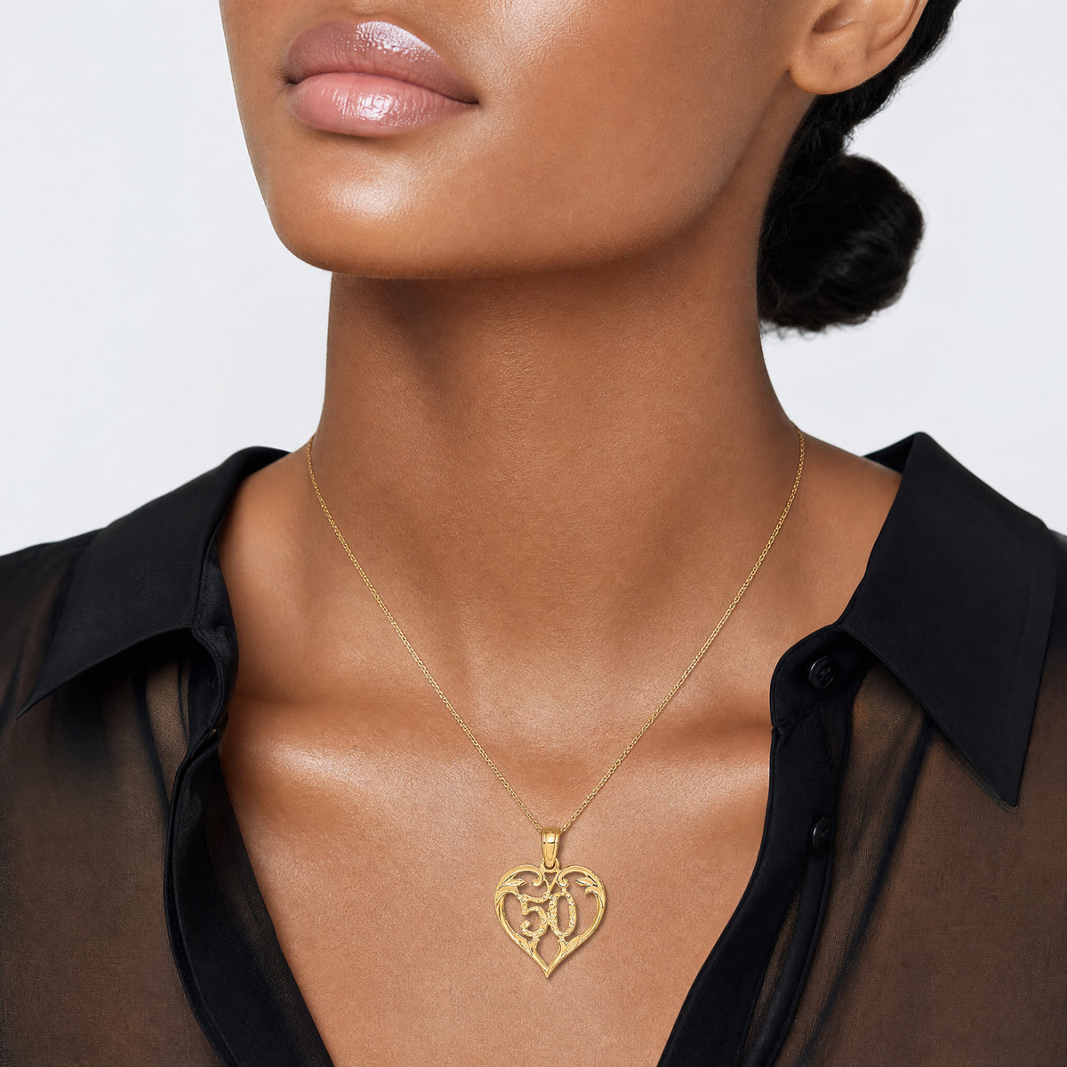 14k 50 in Heart Cut-out Pendant - Model Shot