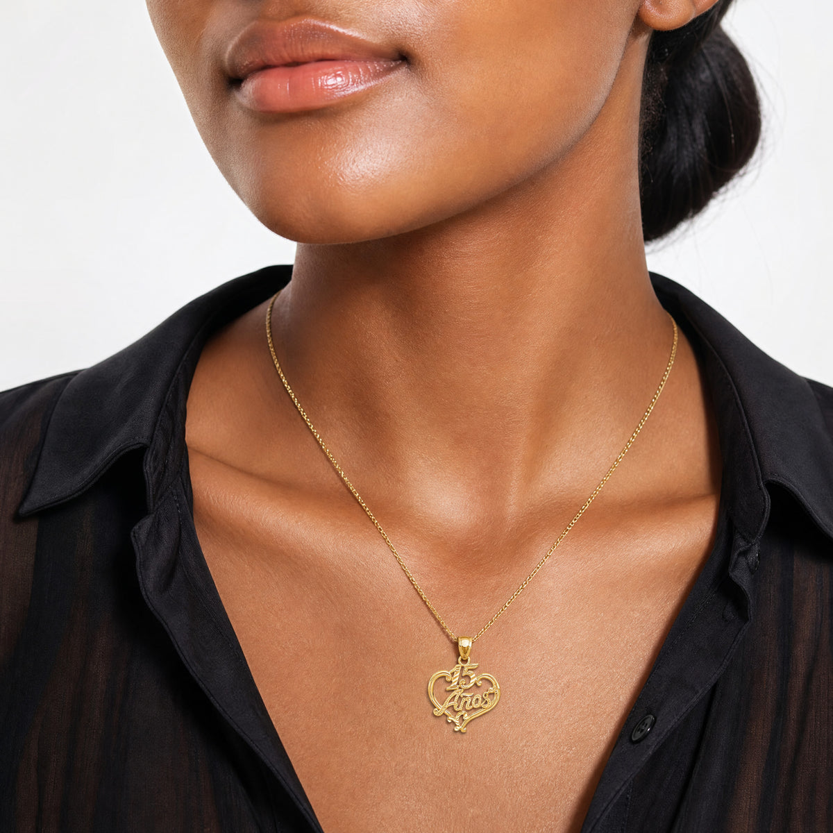 14k Diamond-cut 15 ANOS Heart Pendant - Model Shot