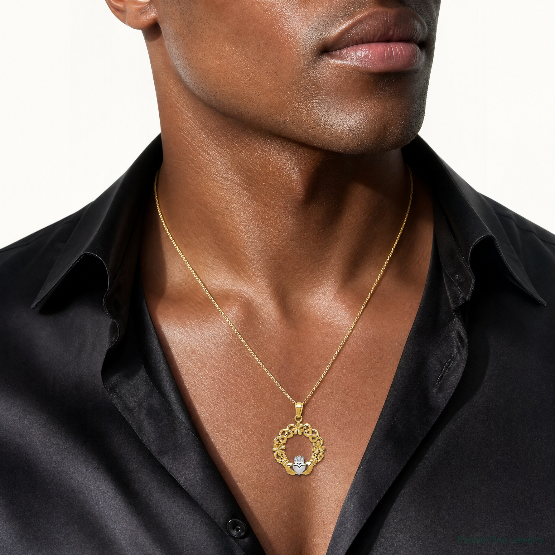 14k Rhodium Claddagh Pendant - Model Shot