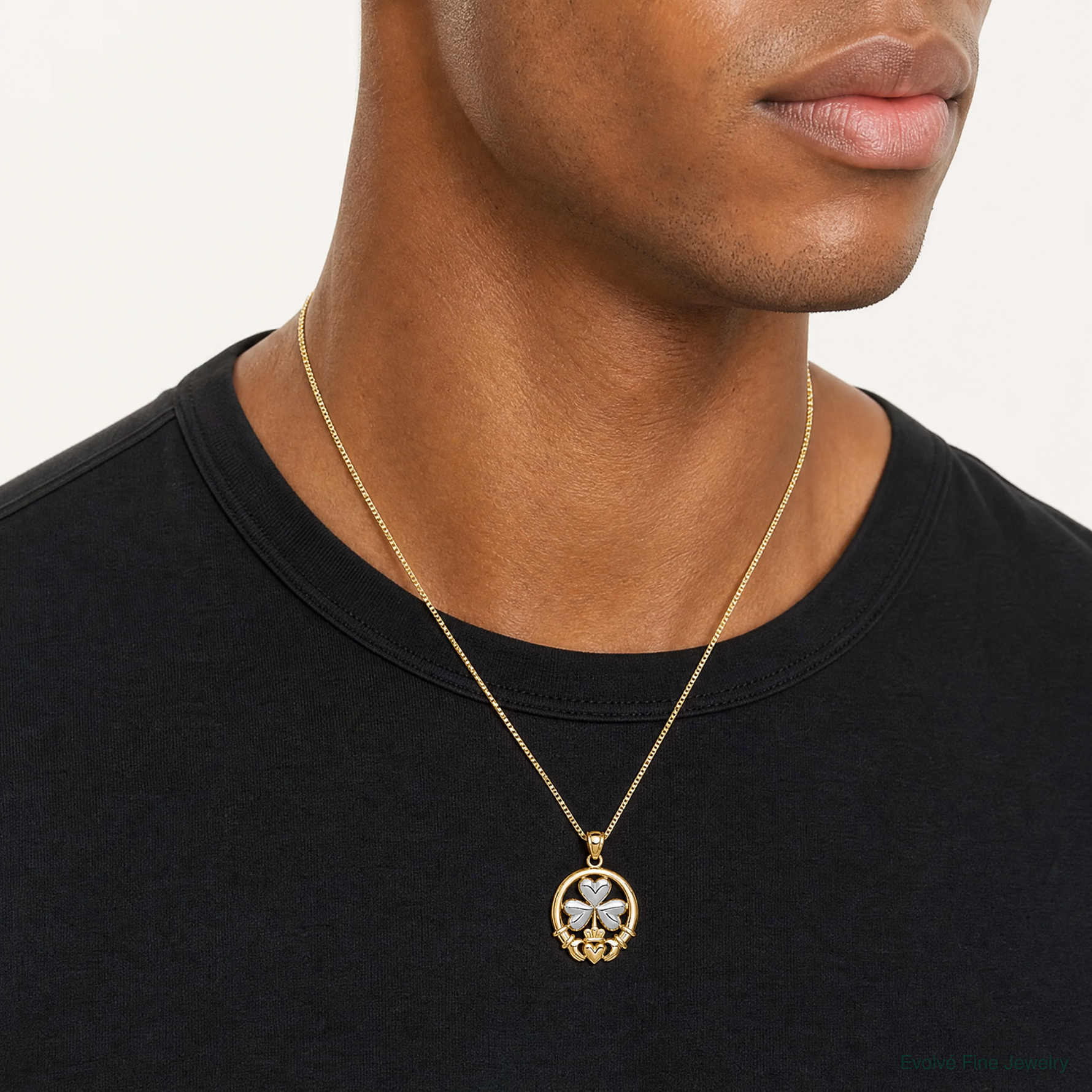 14k Rhodium-plated Shamrock and Claddagh Pendant - Model Shot