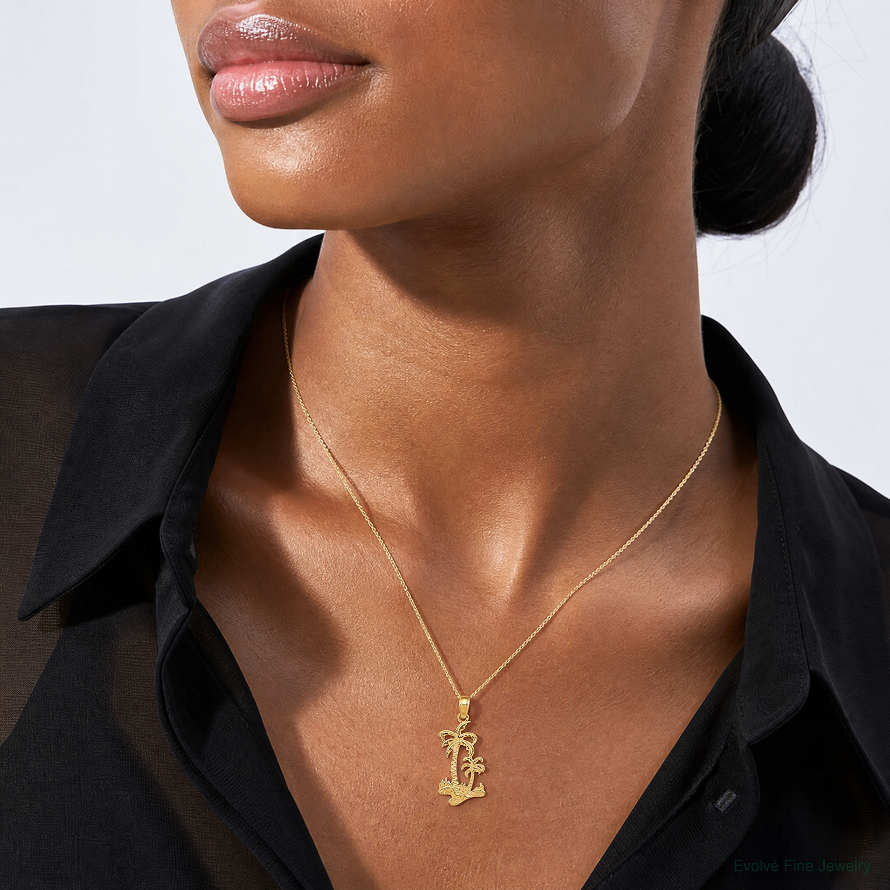 14k Double Palm Trees Pendant - Model Shot