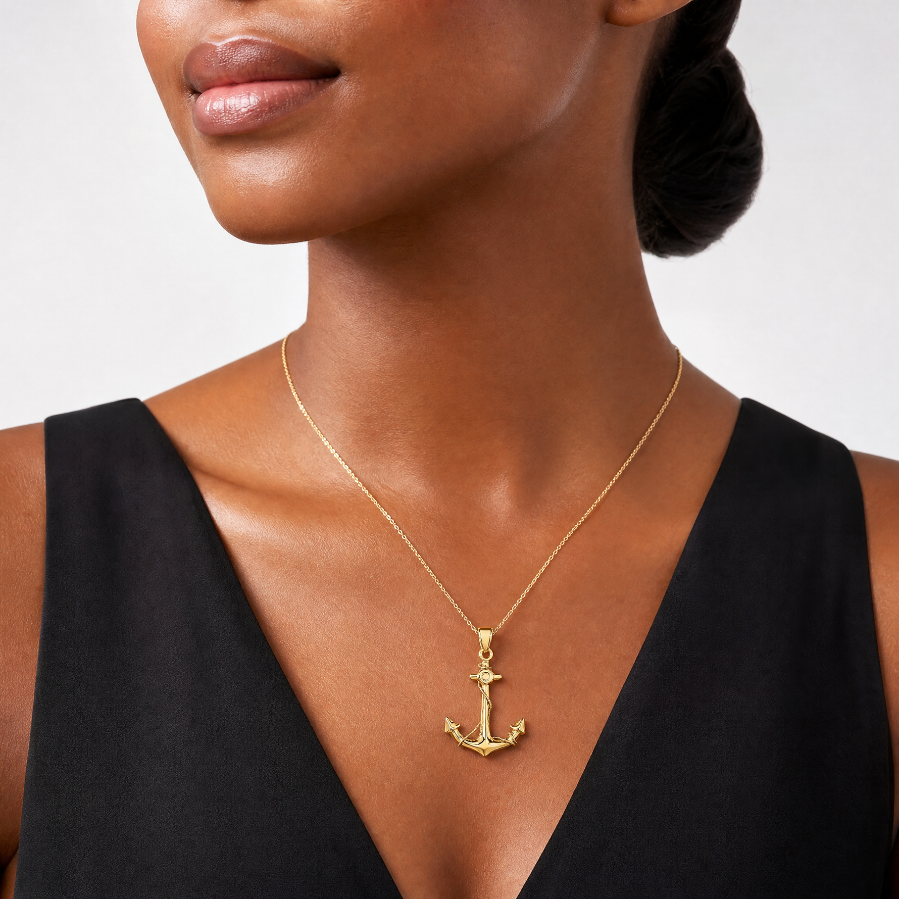 14k 3-D Anchor with Rope Pendant - Model Shot