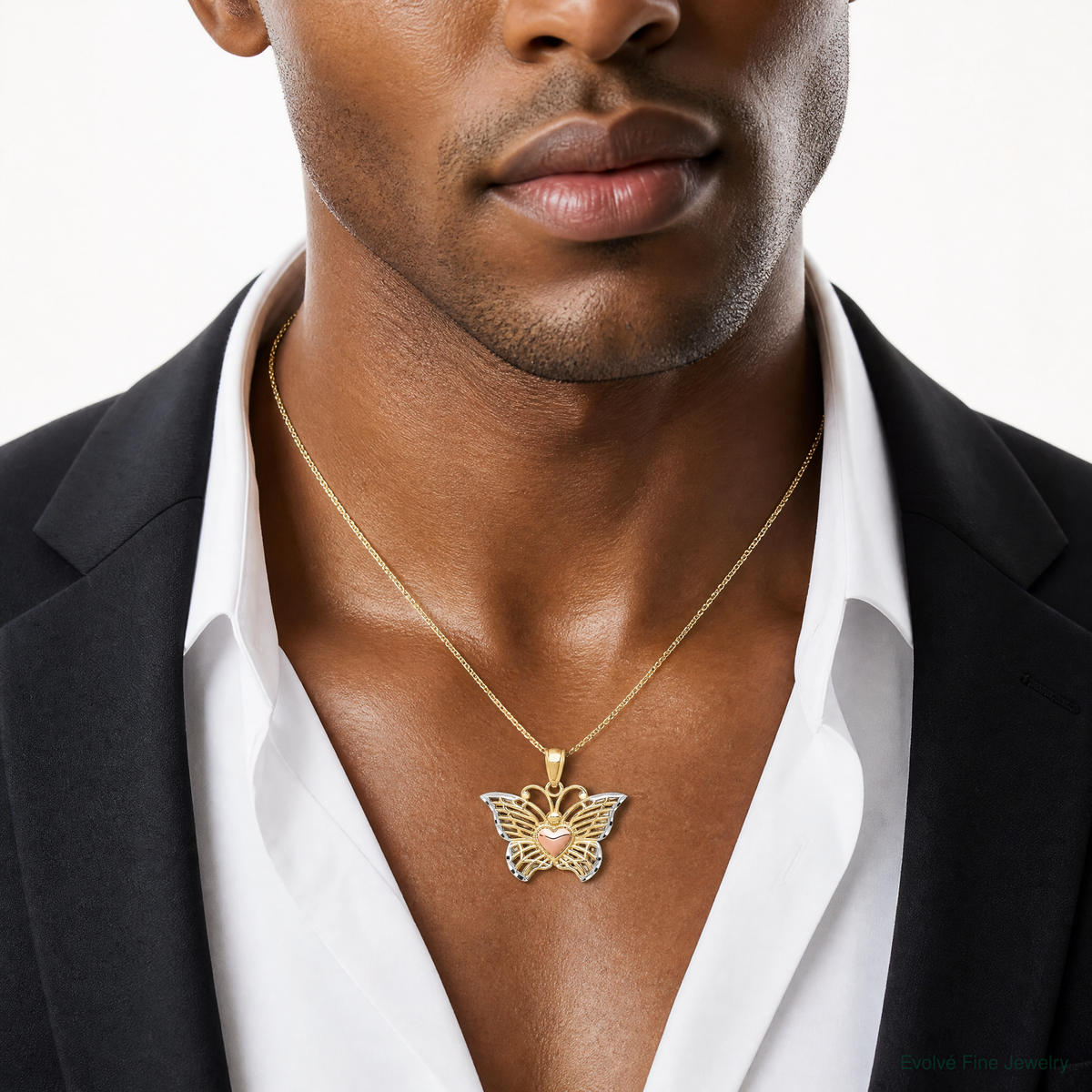 14k Two-tone w/White Rhodium Butterflyw/Heart Pendant - Model Shot