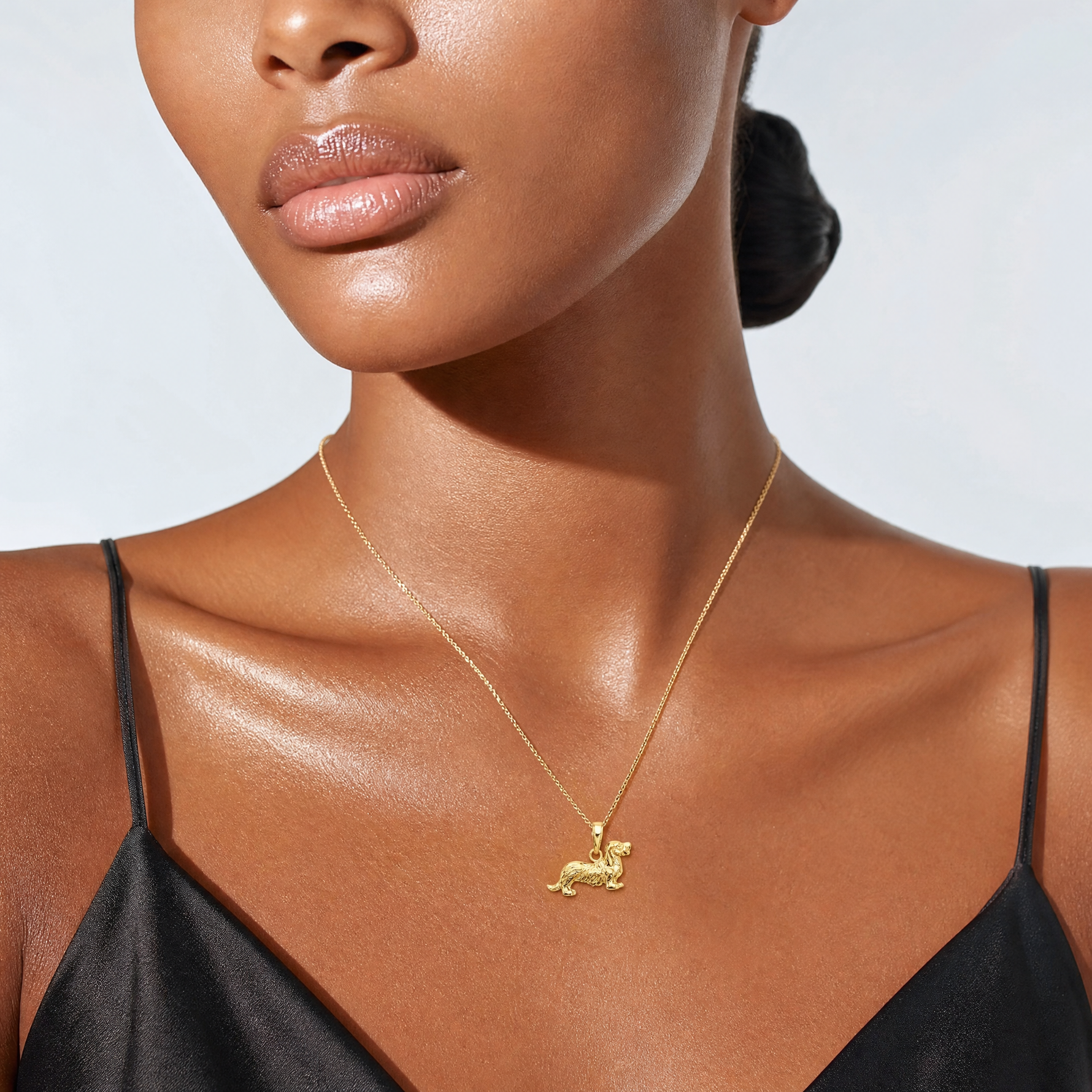 14k Long-Haired Dachshund Dog Pendant - Model Shot