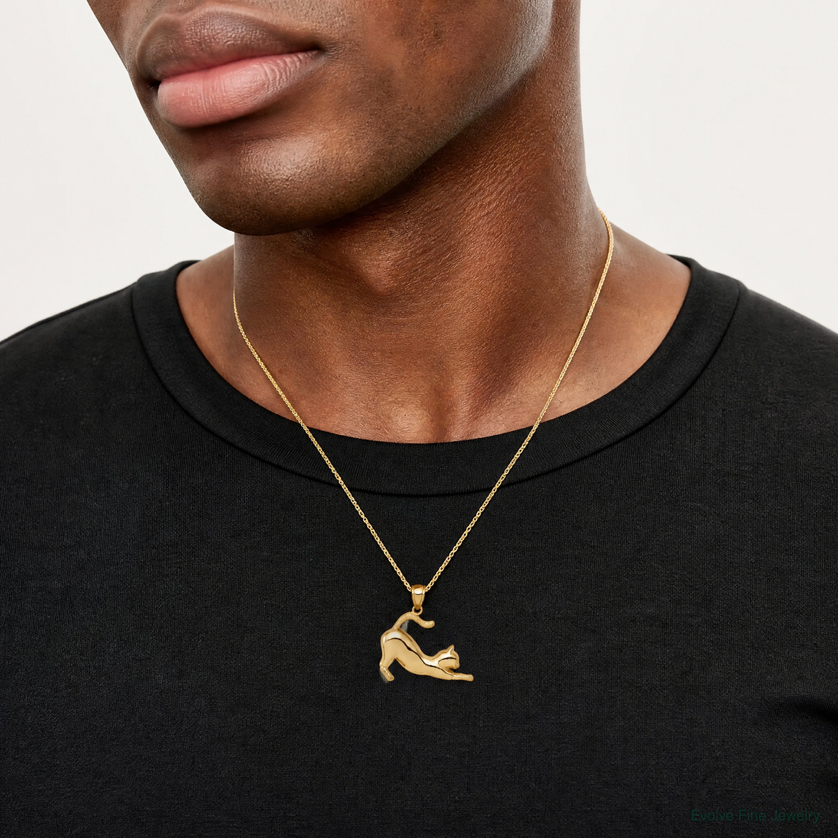 14k Stretching Cat Pendant - Model Shot