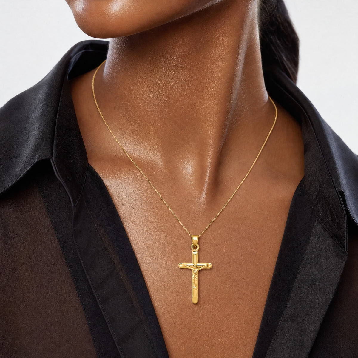 14k Hollow Crucifix Pendant - Model Shot