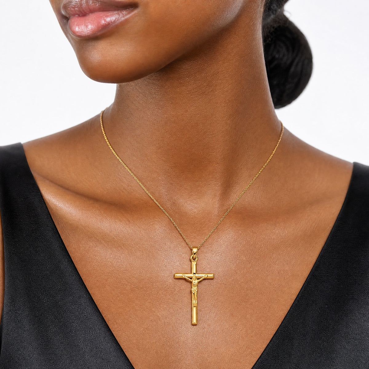 14k Hollow Crucifix Pendant - Model Shot
