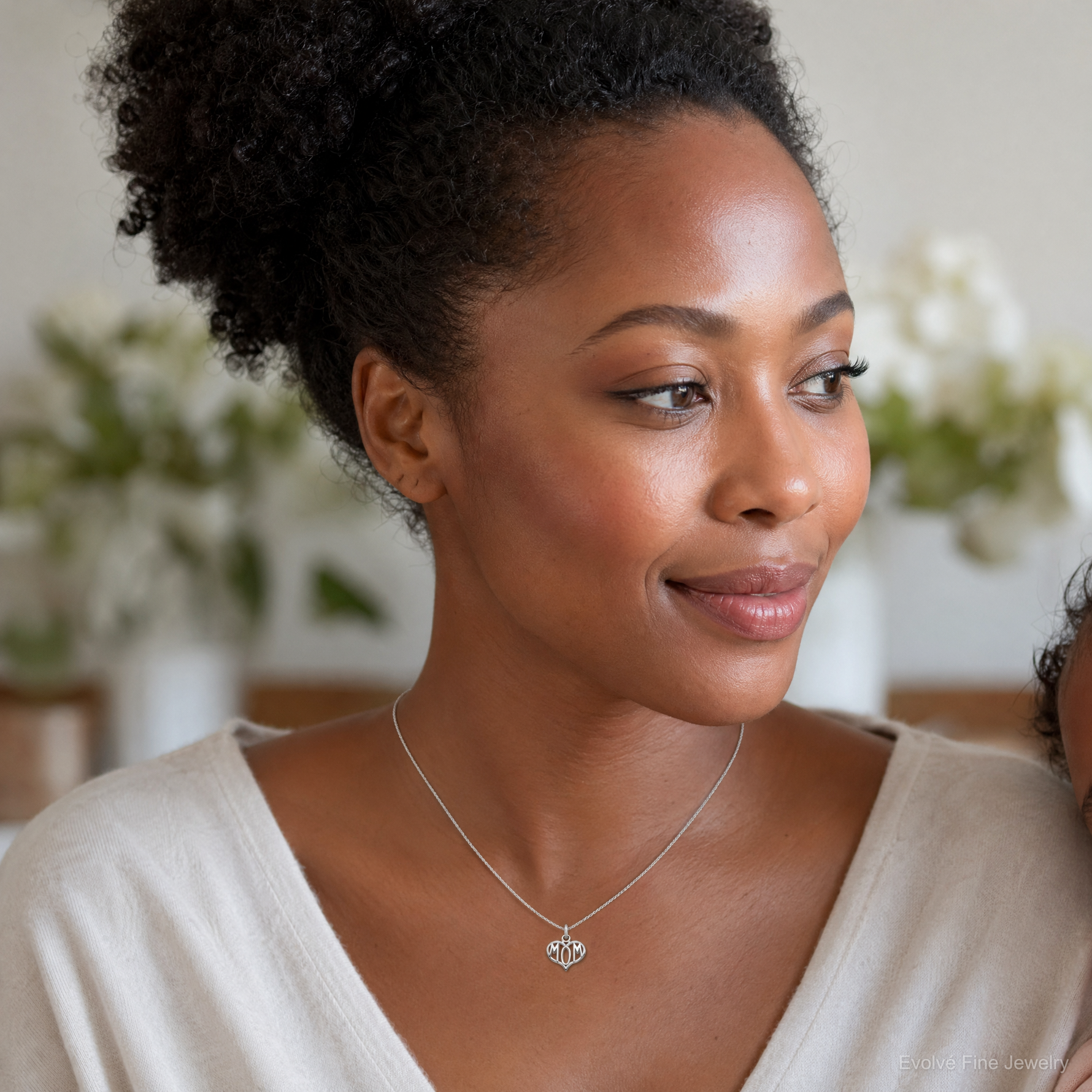 14k White Gold MOM Heart Charm - Model Shot