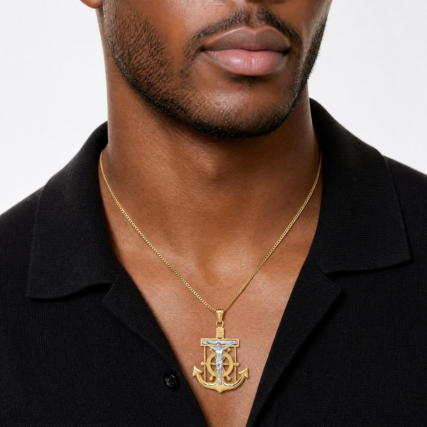 14k Two-tone Diamond-cut Mariner's Crucifix Pendant - Model Shot