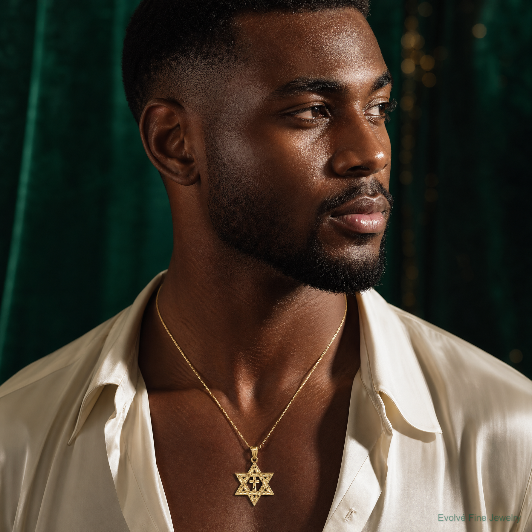 14k Diamond-cut Star of David w/Cross Pendant - Model Shot