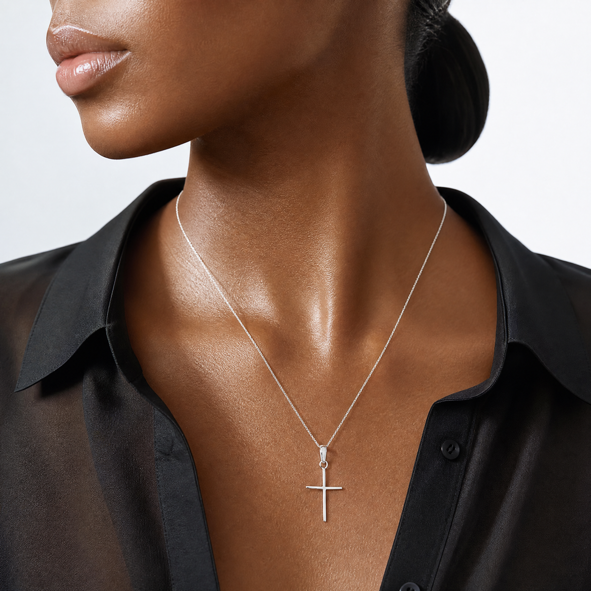 14k White Gold Polished Cross Pendant - Model Shot