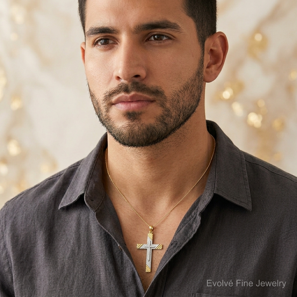 14k Two-Tone Diamond-cut Cross Pendant - Model Shot