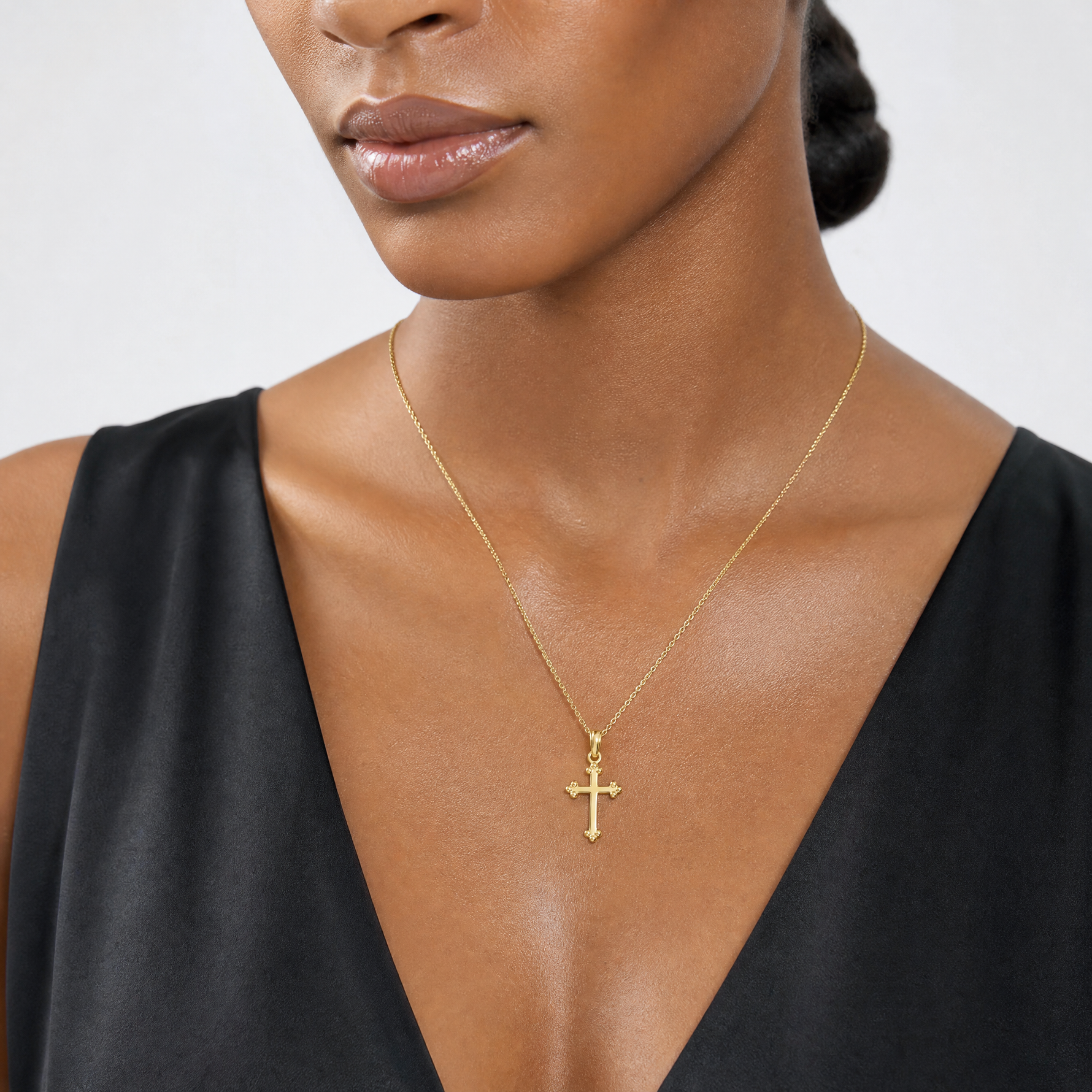 14k Budded Cross Charm - Model Shot