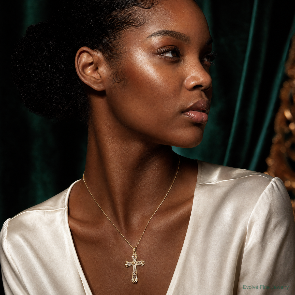 14k Two-tone Hearts Cross Pendant - Model Shot