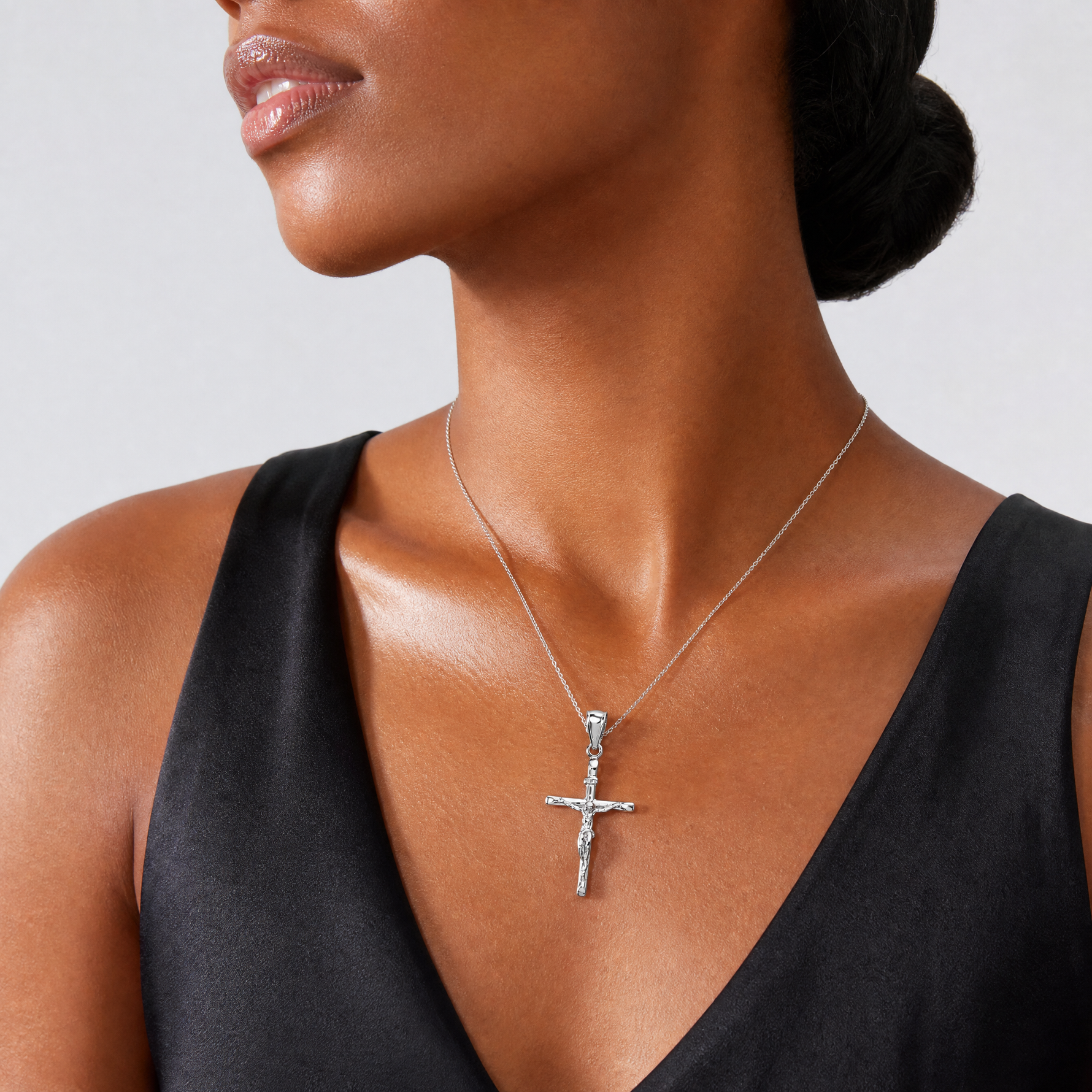 14K White Gold INRI Crucifix Pendant - Model Shot