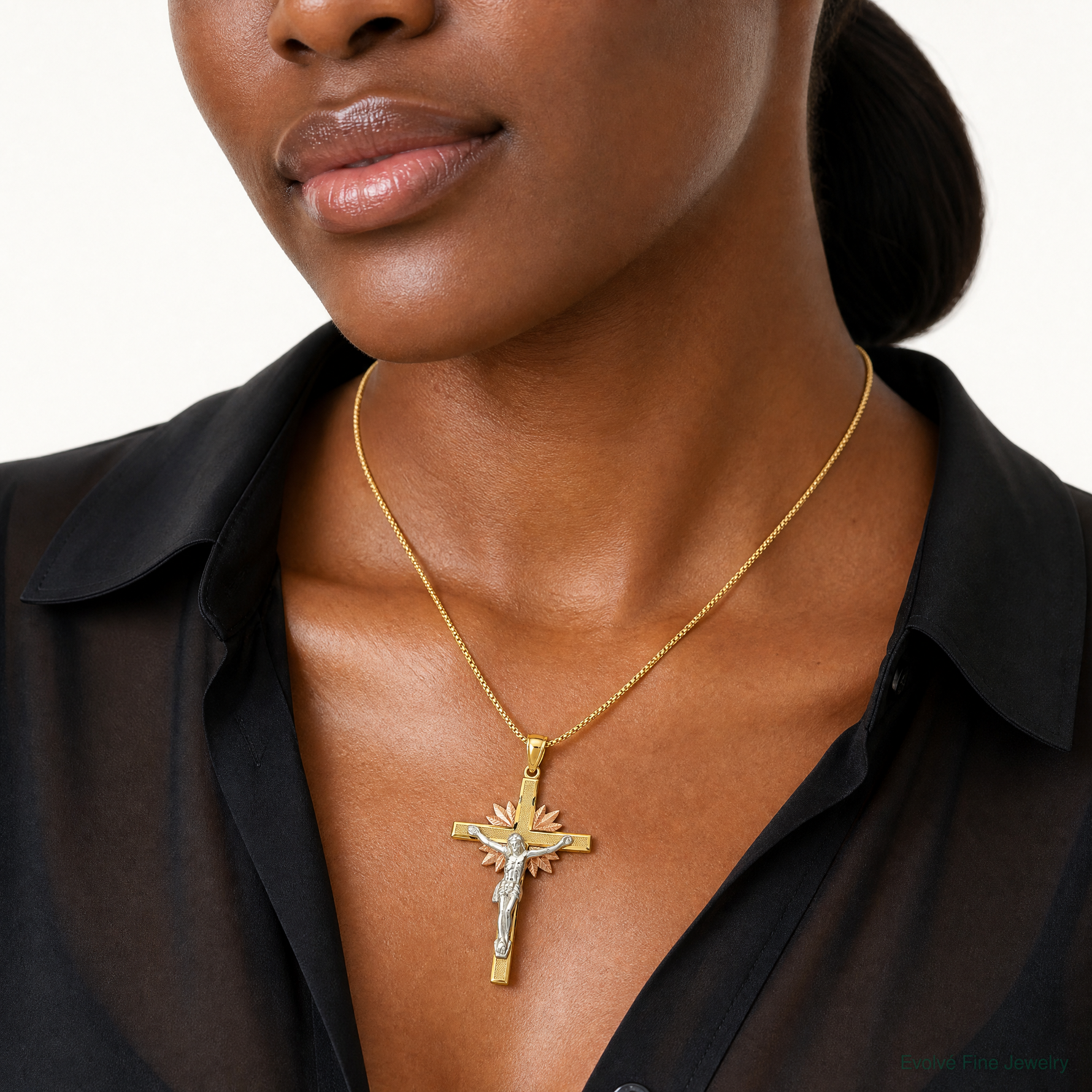 14k Tri-color Crucifix Pendant - Model Shot