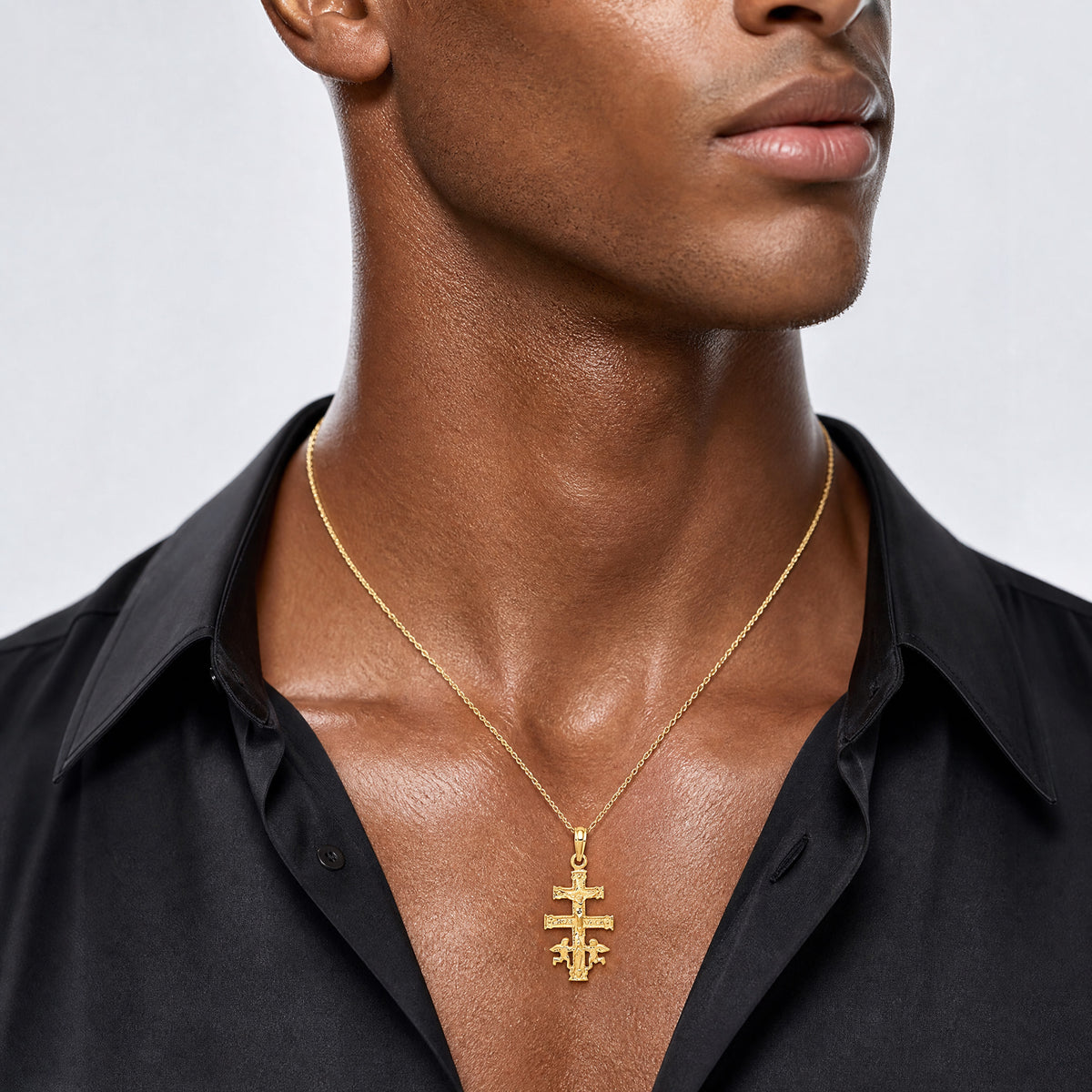 14k Cara Vaca Crucifix Pendant - Model Shot