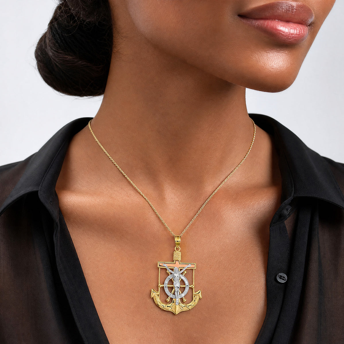 14k Tri-color Diamond-cut w/Textured Mariner's Crucifix Pendant - Model Shot