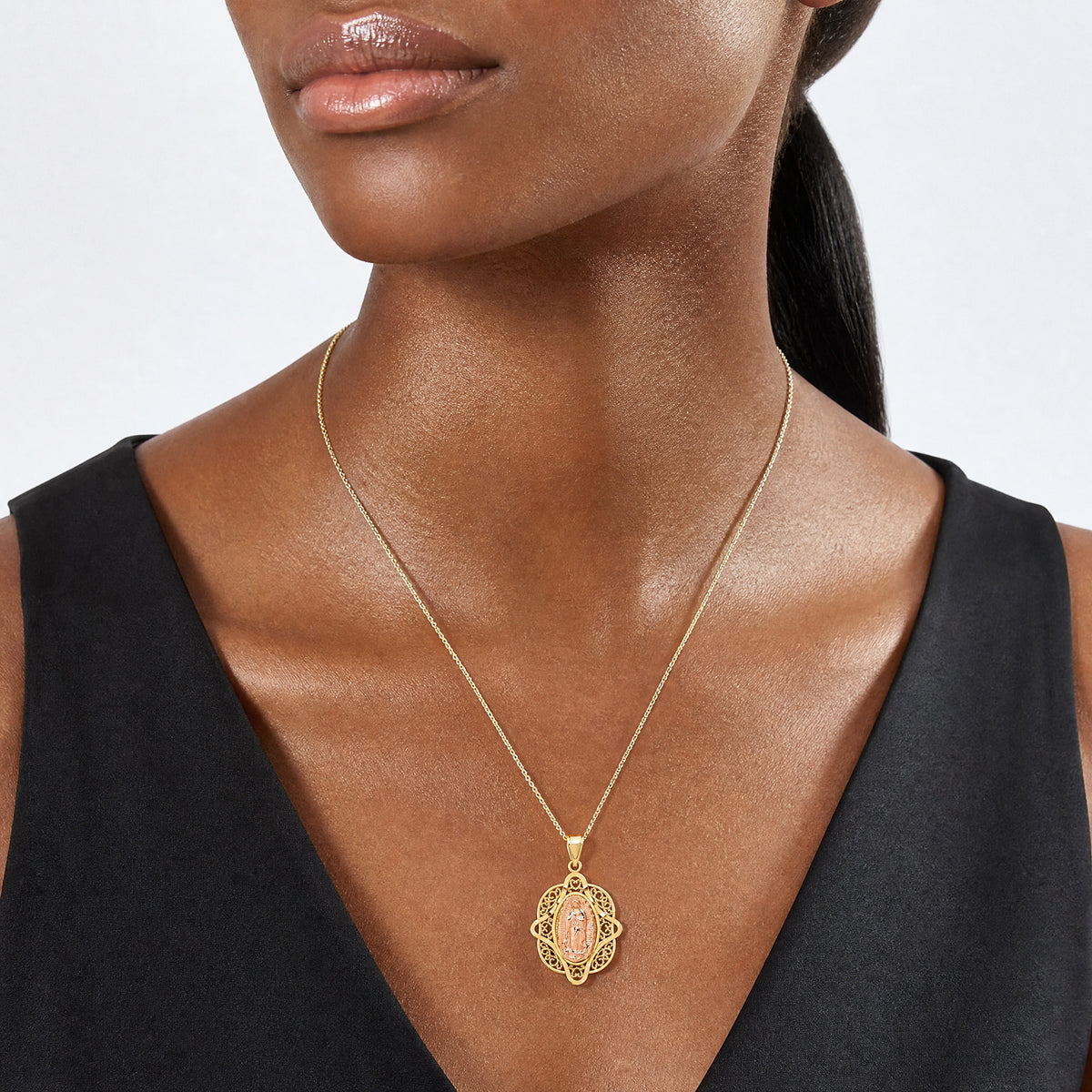 14k Two-tone Rose Virgin Mary Pendant - Model Shot
