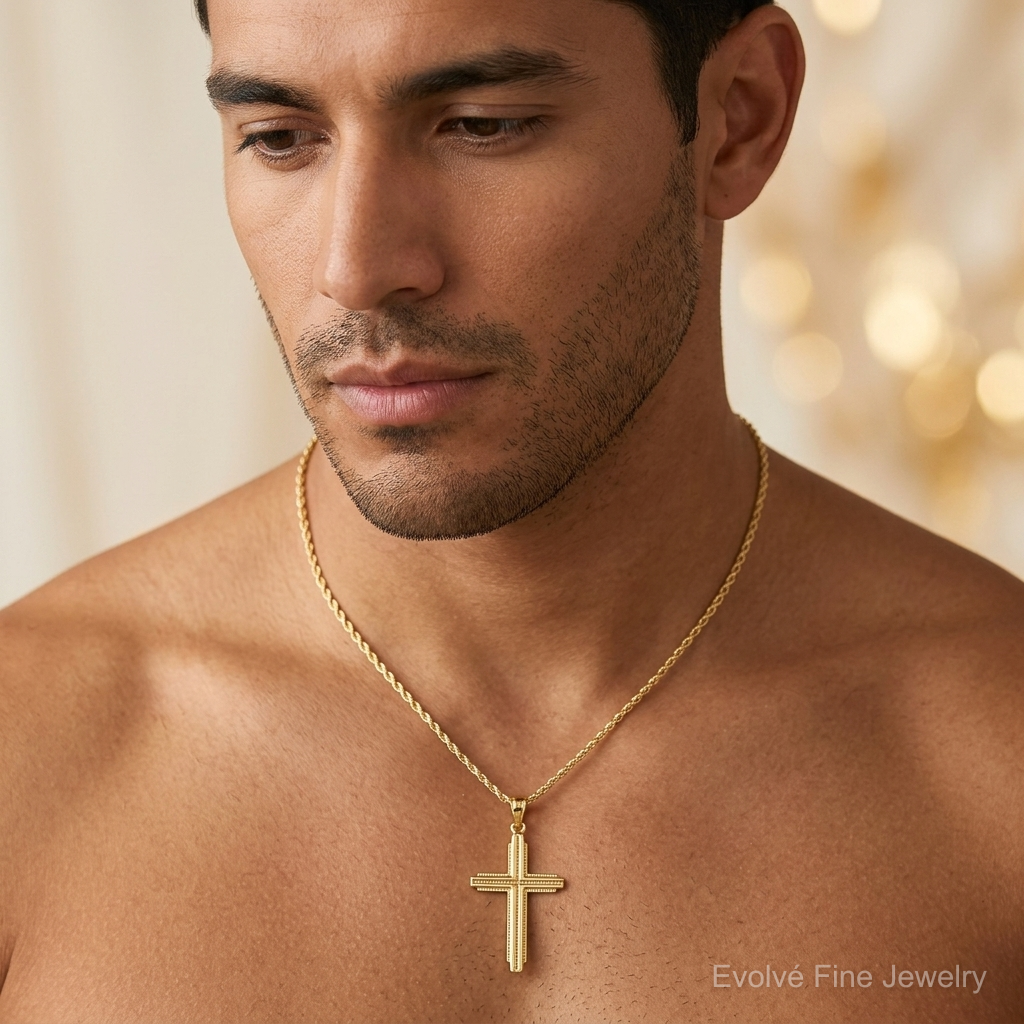 14K Textured Outline Cross Pendant - Model Shot