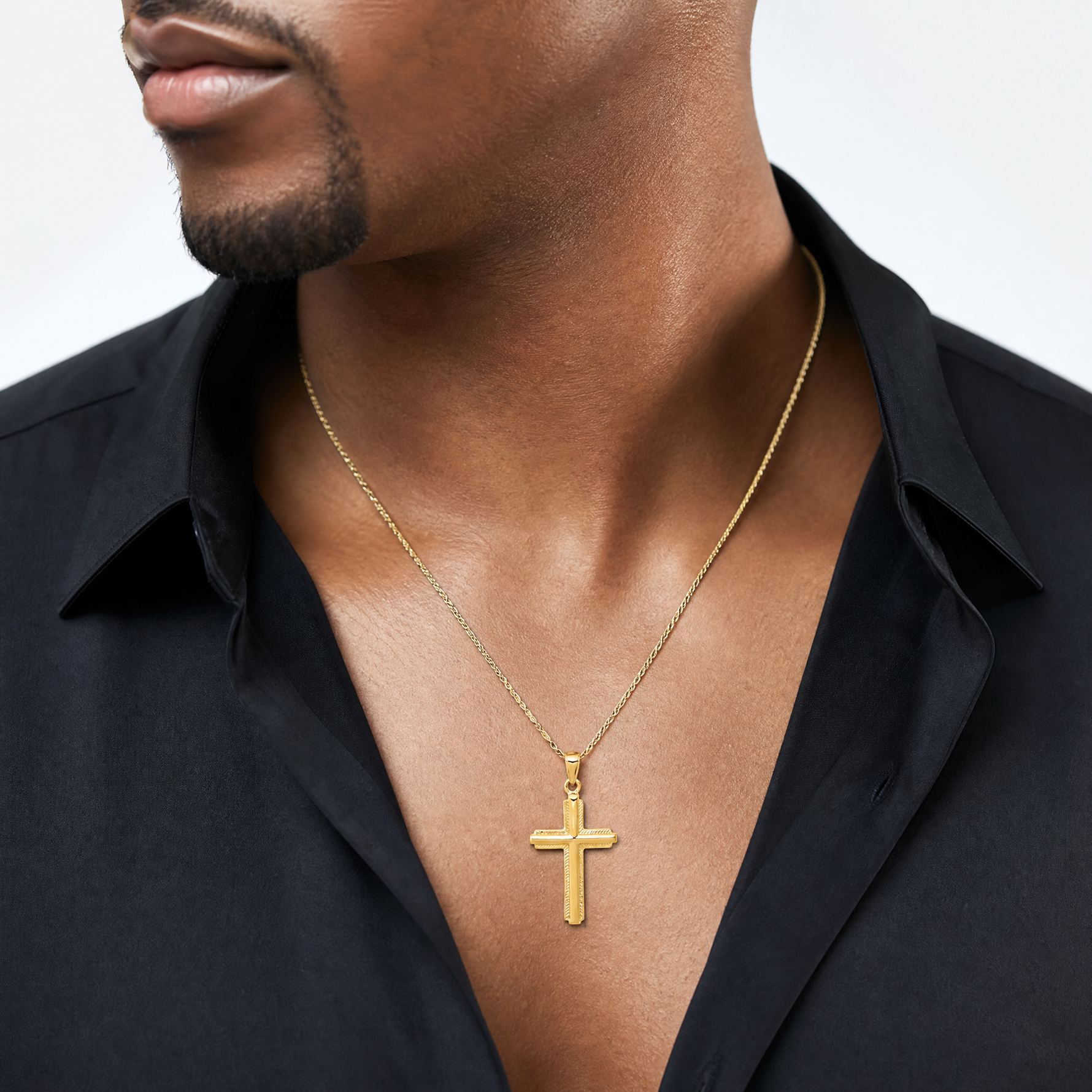 14K Cross with Striped Border Pendant - Model Shot