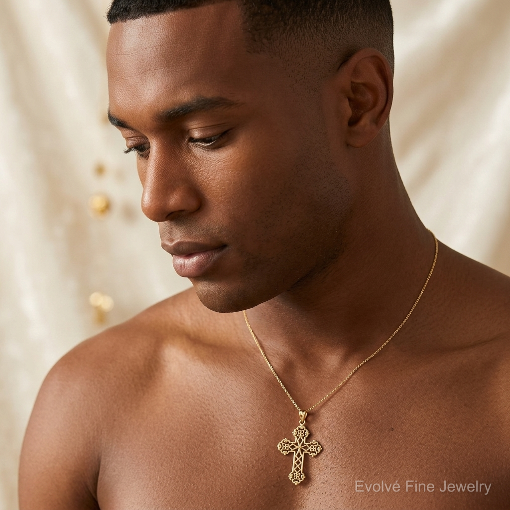 14K Lacey Budded Cross Pendant - Model Shot