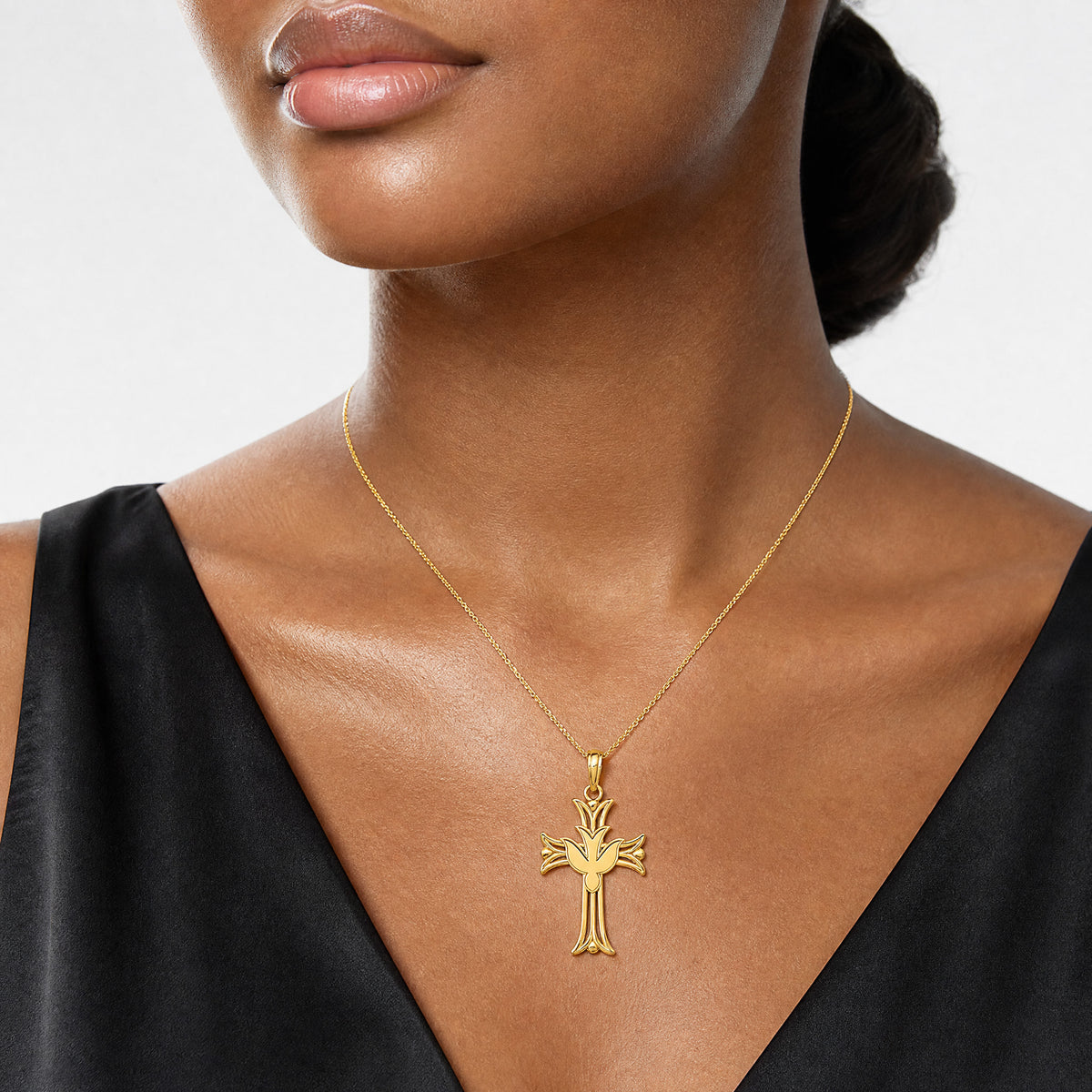 14K Dove on Cross Pendant - Model Shot
