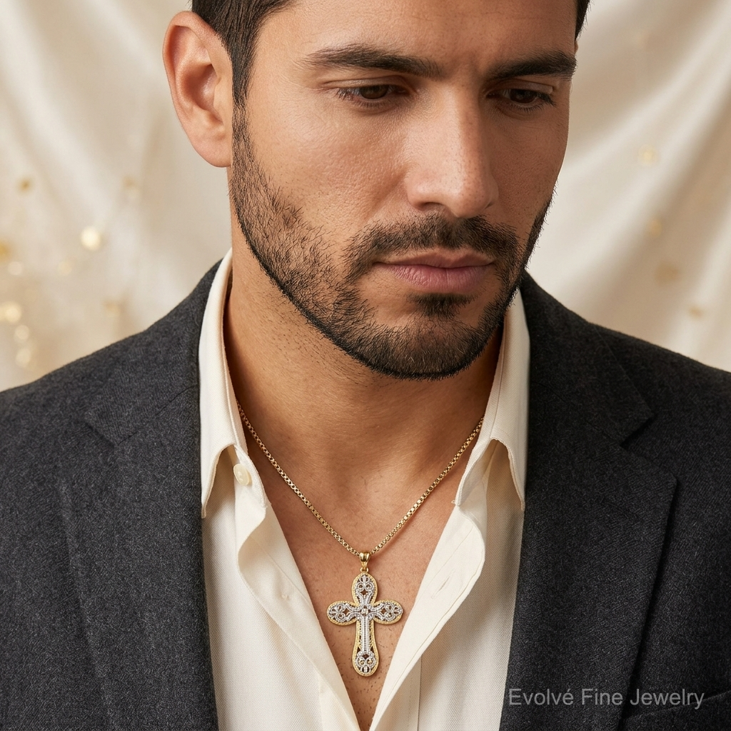 14K Two-tone Diamond-cut Layered Cross Pendant - Model Shot