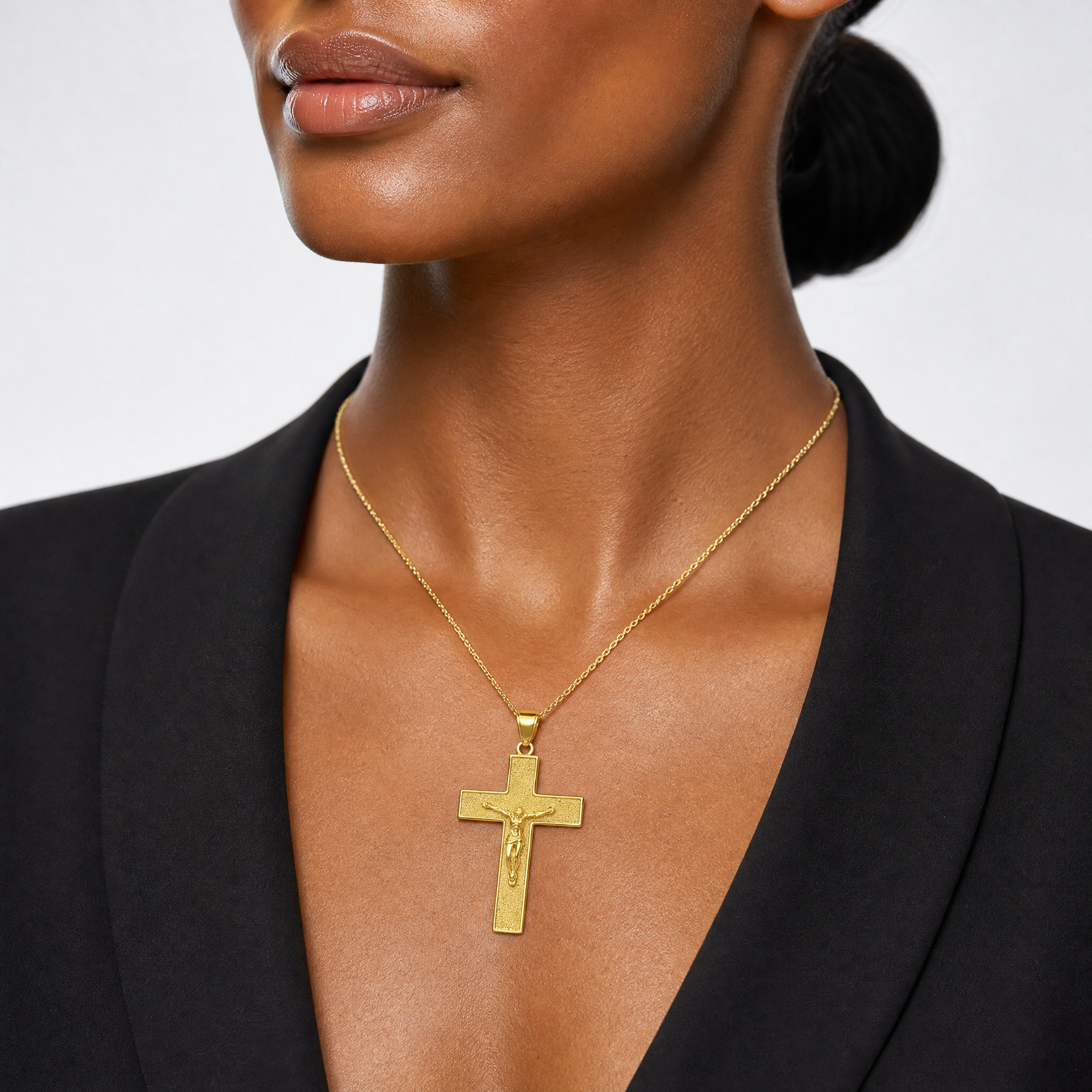 14K Textured Crucifix Latin Cross Pendant - Model Shot
