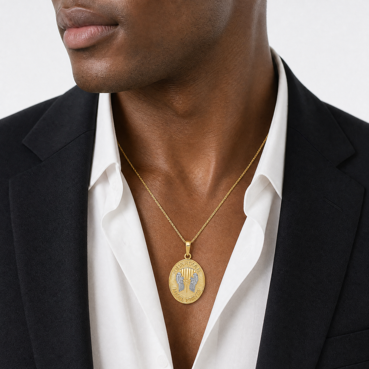 14K W/Rhodium Reversible Guardian Angel Prayer Pendant - Model Shot
