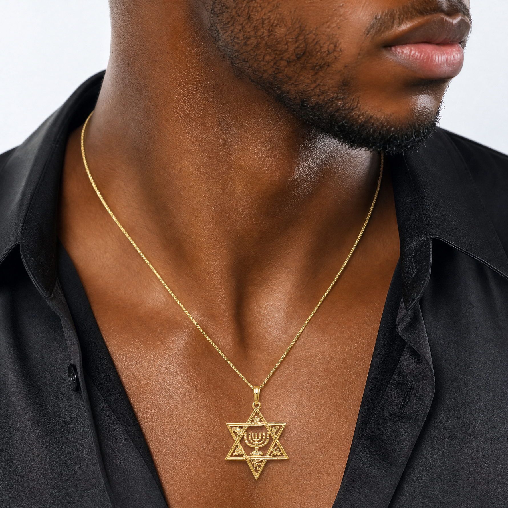 14K Star of David w/Menorah Pendant - Model Shot