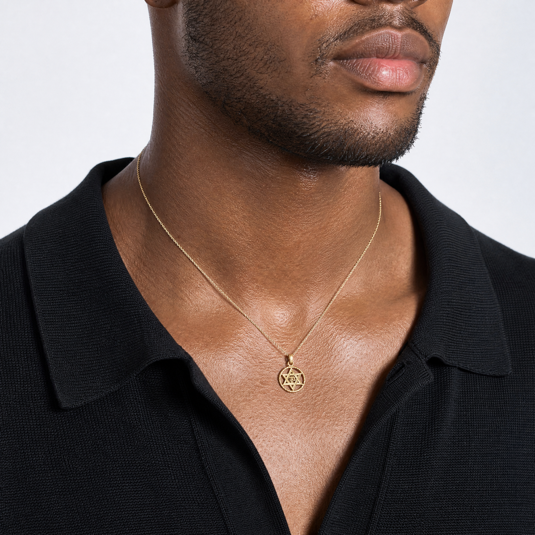 14K Star of David in Circle Frame Pendant - Model Shot
