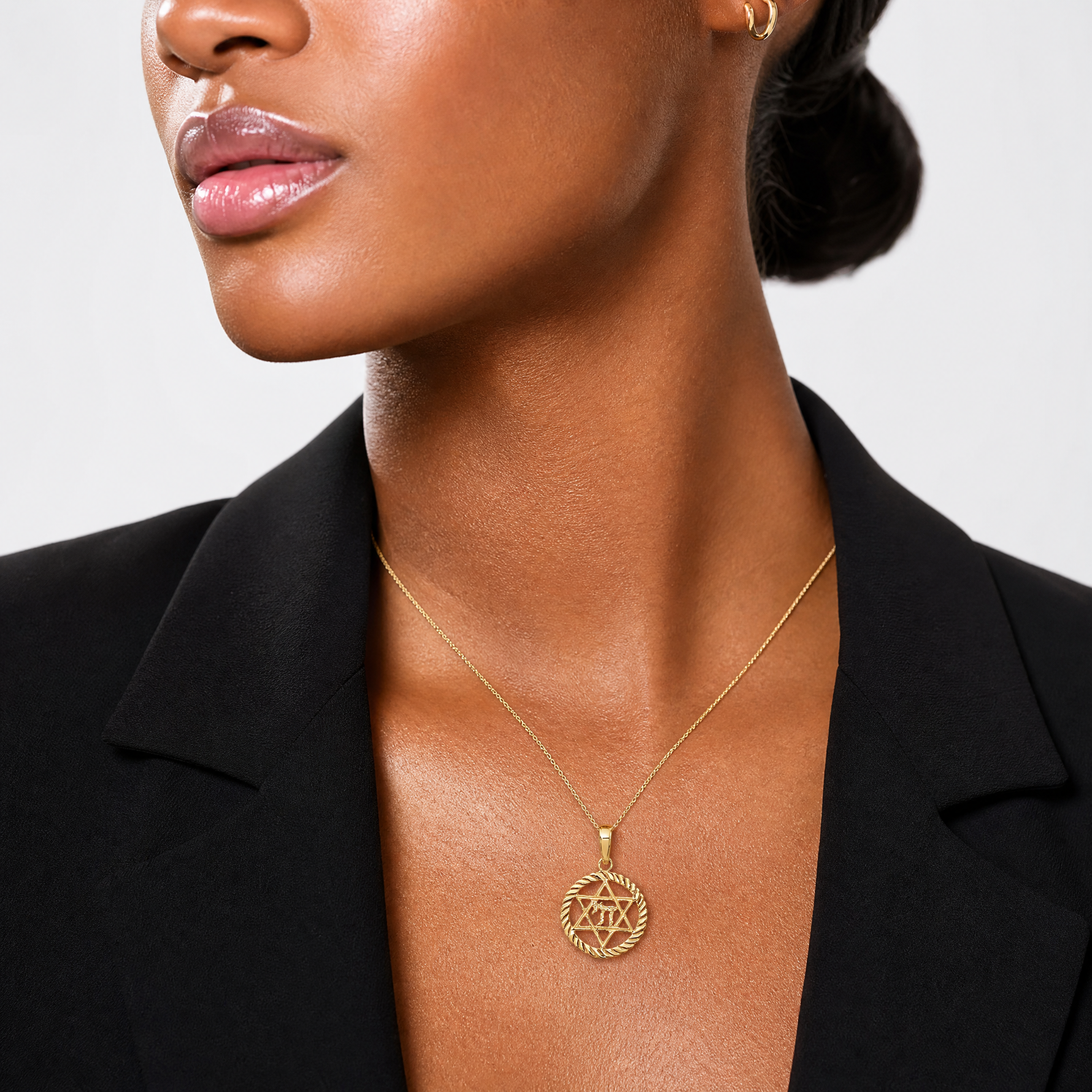 14K Star of David and Chai in Circle Pendant - Model Shot