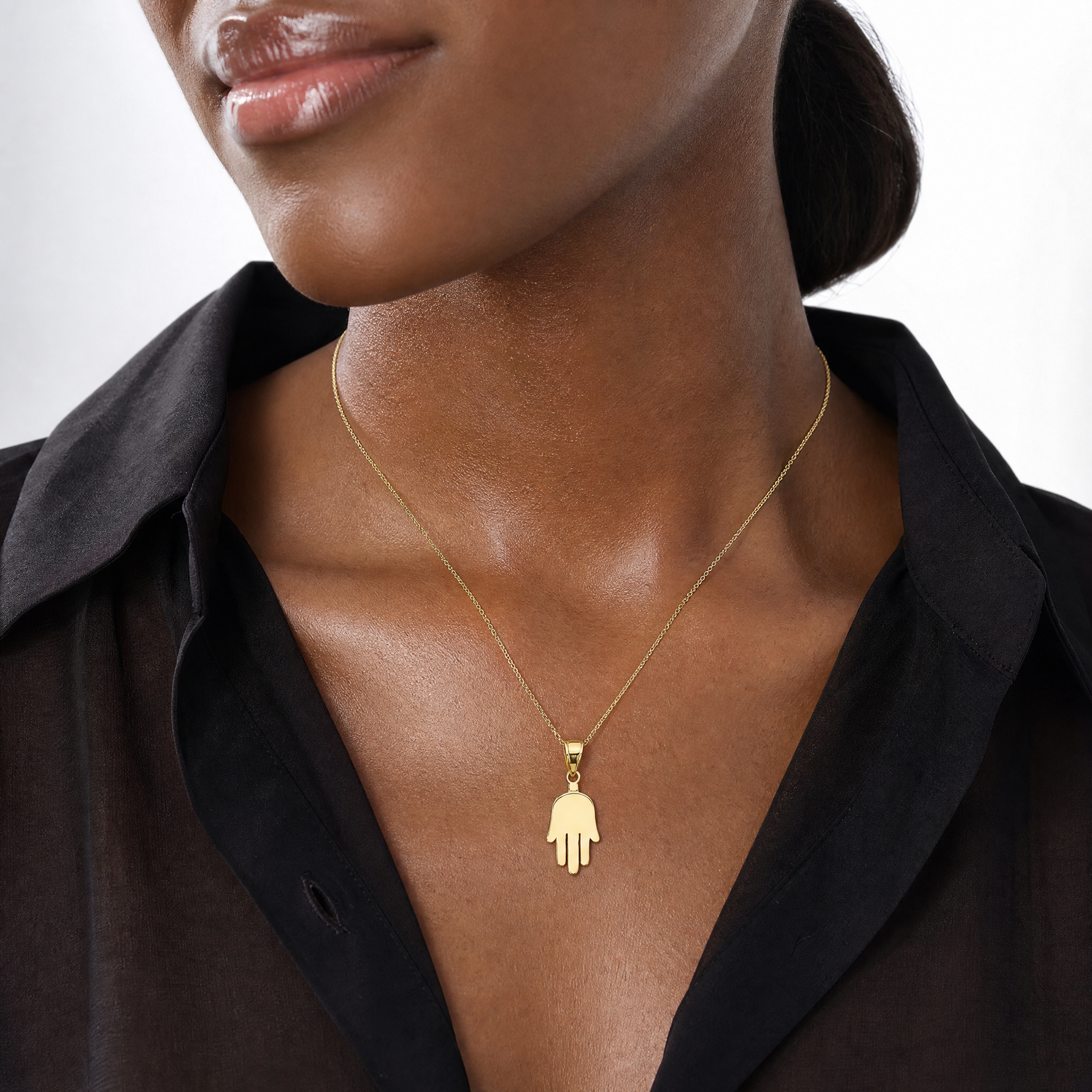 14K Large Solid Hamsa Pendant - Model Shot