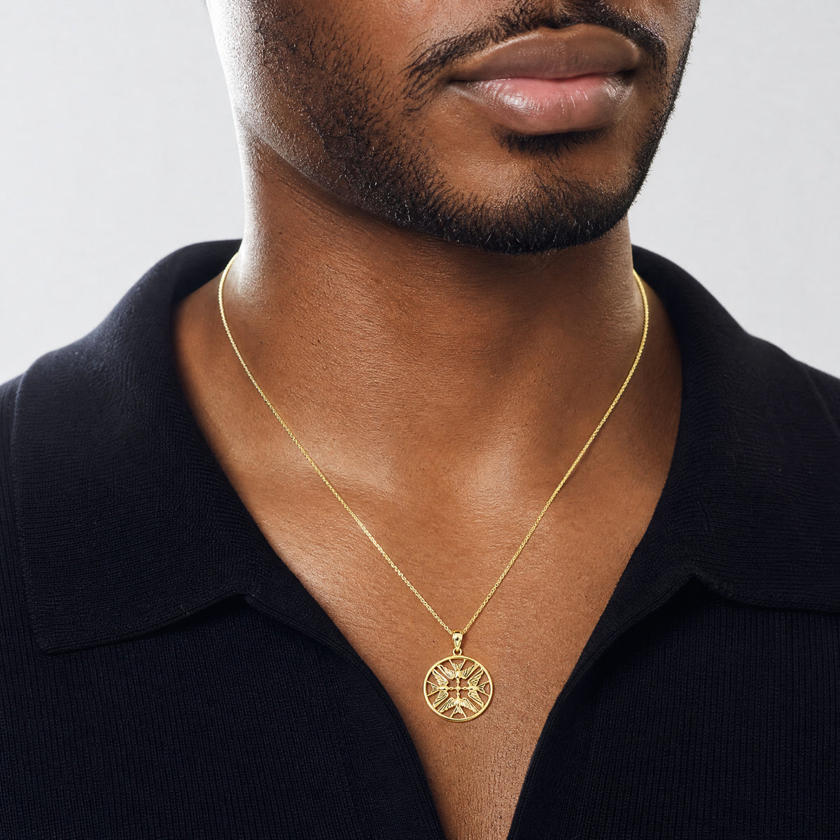 14k Yellow Gold Polished Doves in Circle Pendant - Model Shot
