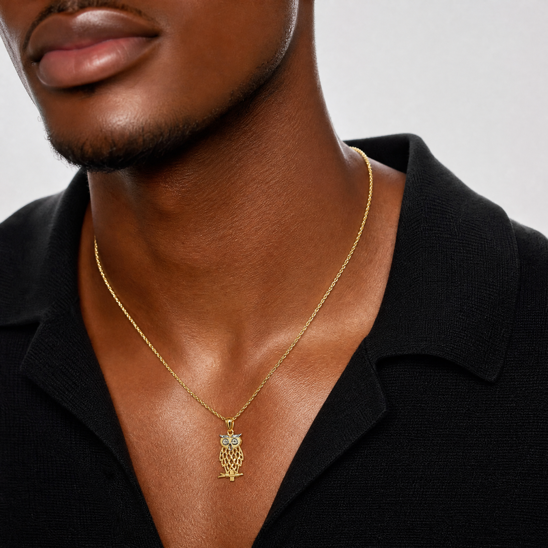 14k Yellow Gold Rhodium Diamond Cut Owl Pendant - Model Shot