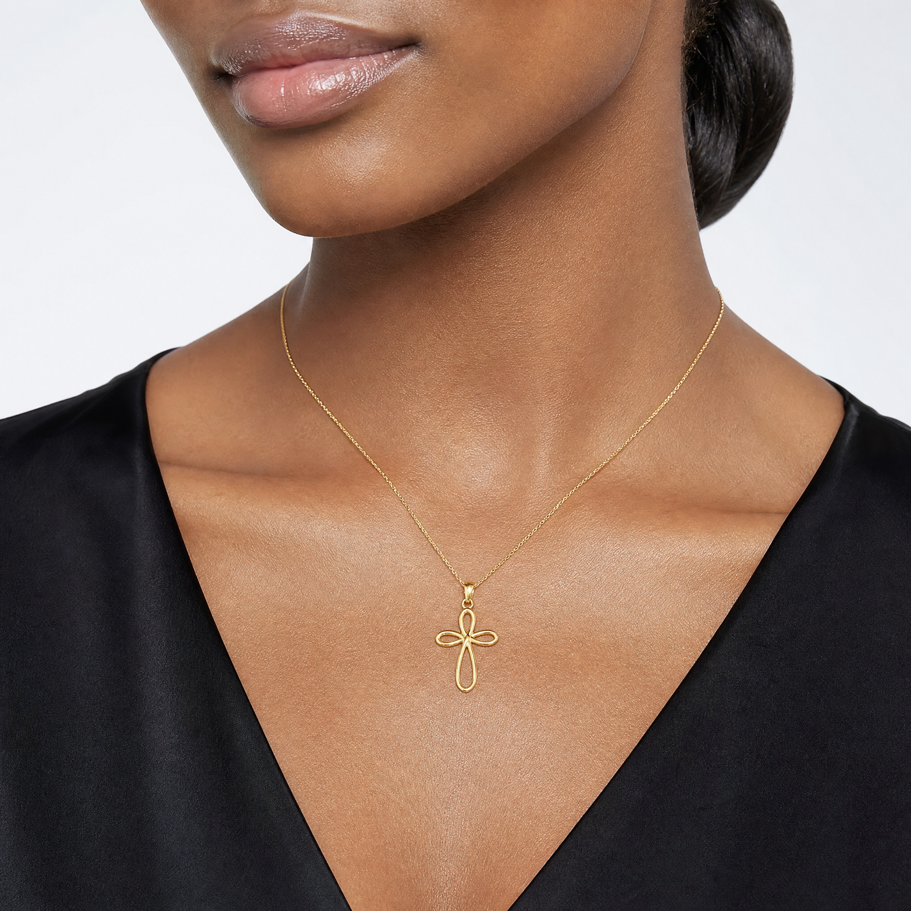 14k Yellow Gold Ribbon Cross Pendant - Model Shot