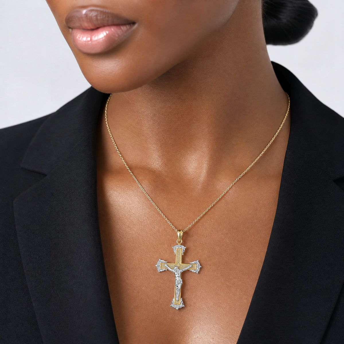 14k Two-tone Crucifix Pendant - Model Shot