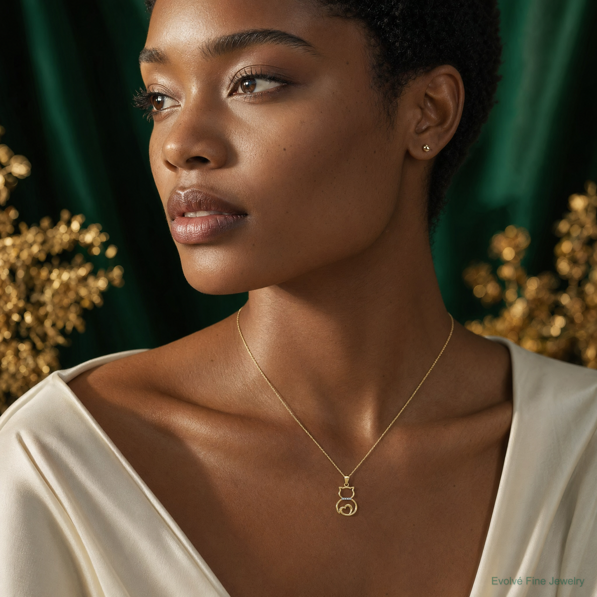 14k White Rhodium Diamond-cut Sitting Cat Pendant - Model Shot