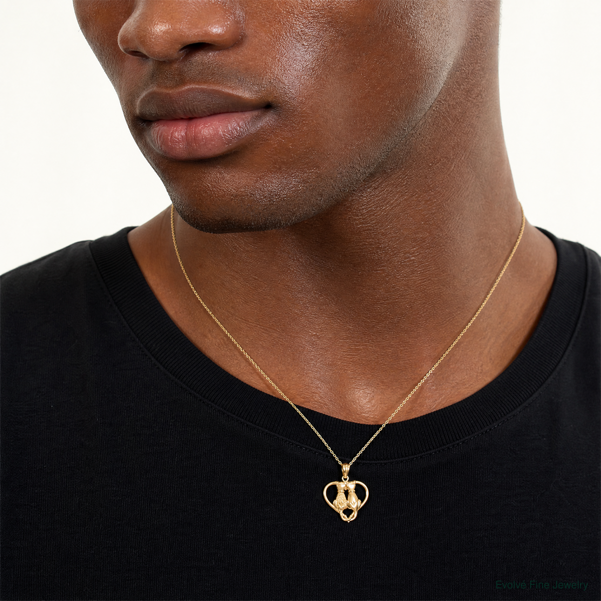 14K Sitting Cats in a Heart Pendant - Model Shot