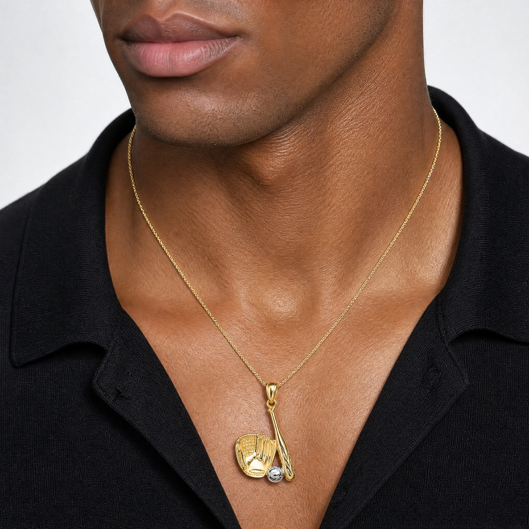 14K White Rhodium Baseball Glove Bat Ball Pendant - Model Shot