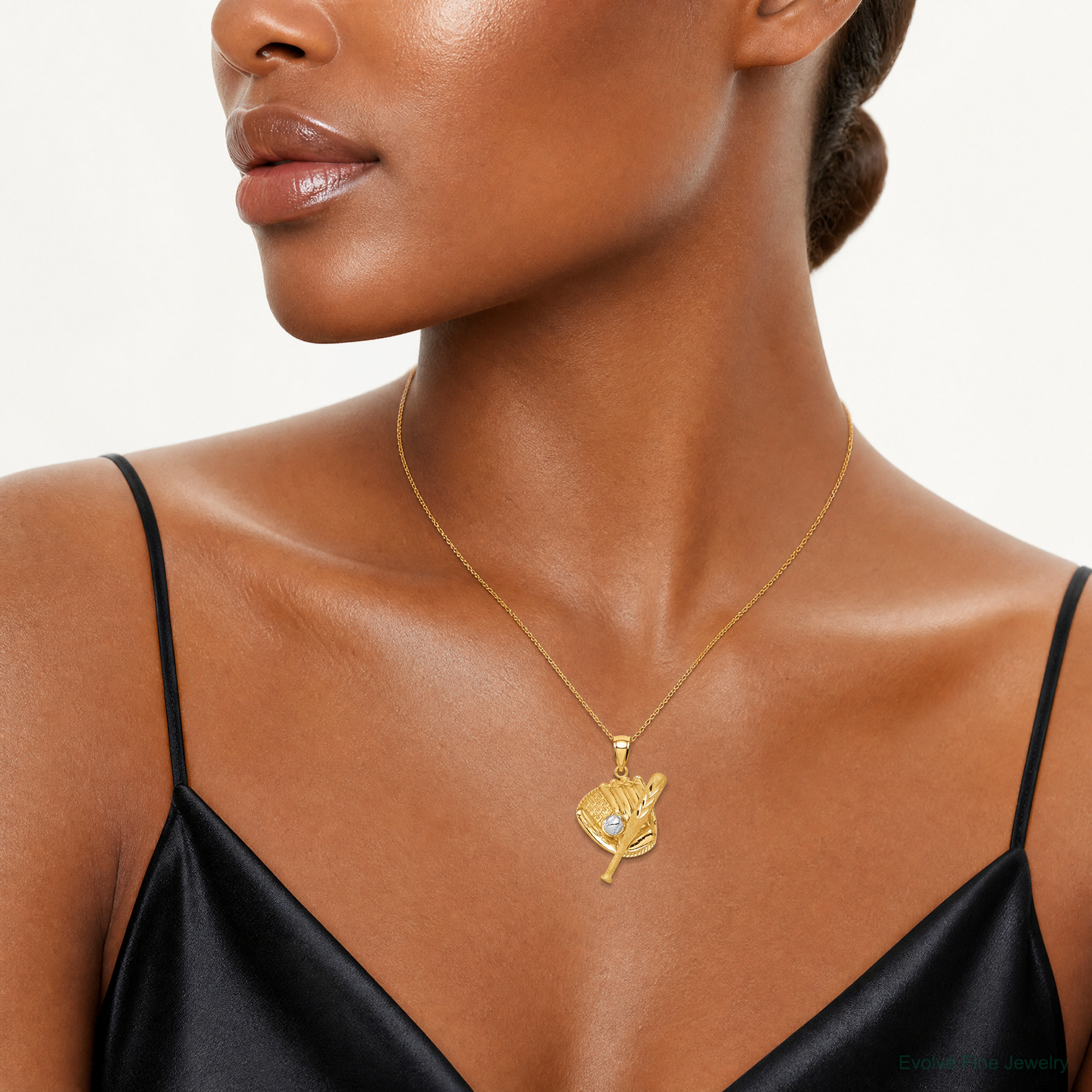 14K D/C White Rhodium Baseball Bat Glove Ball Pendant - Model Shot