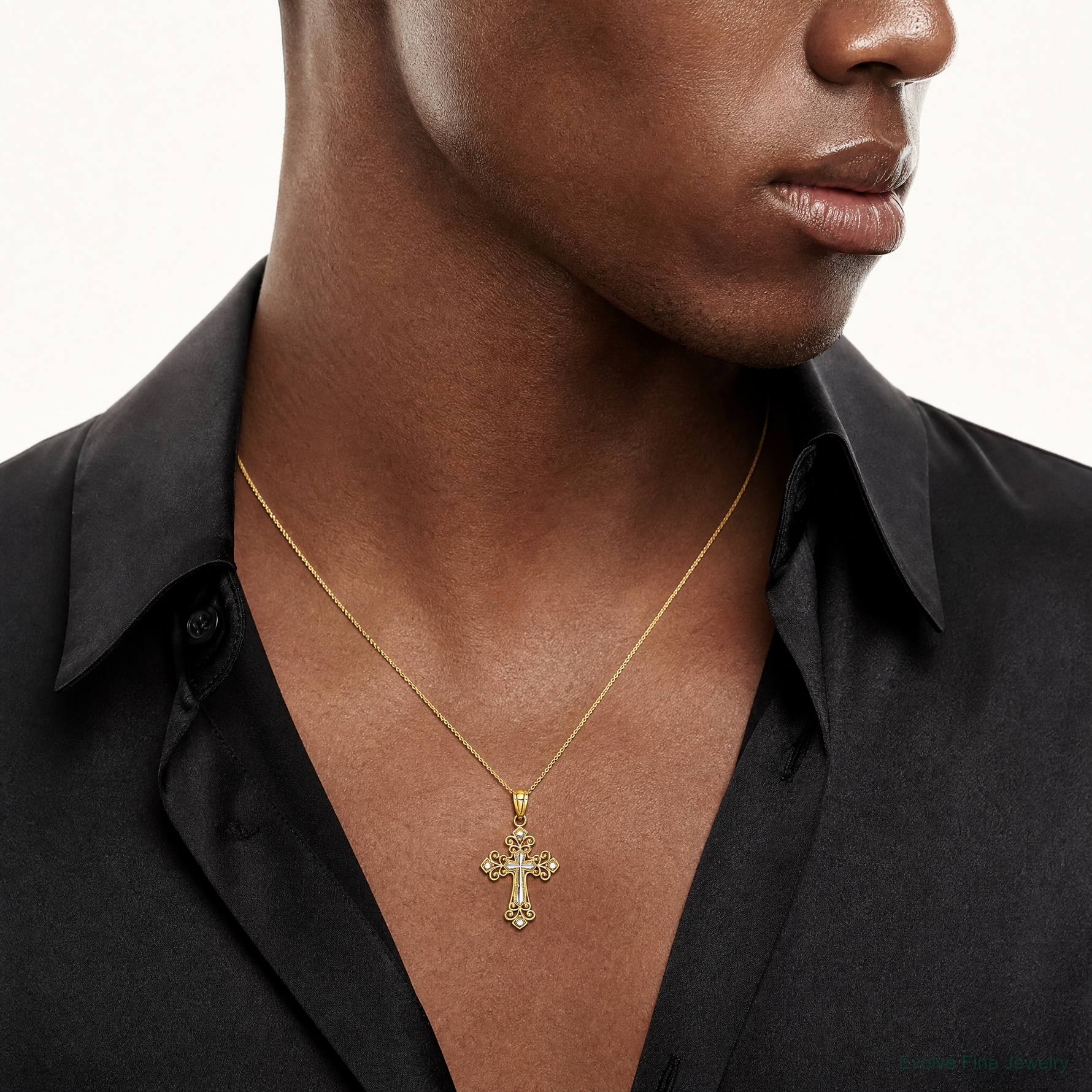 14K w/White Rhodium D/C Cross Pendant - Model Shot
