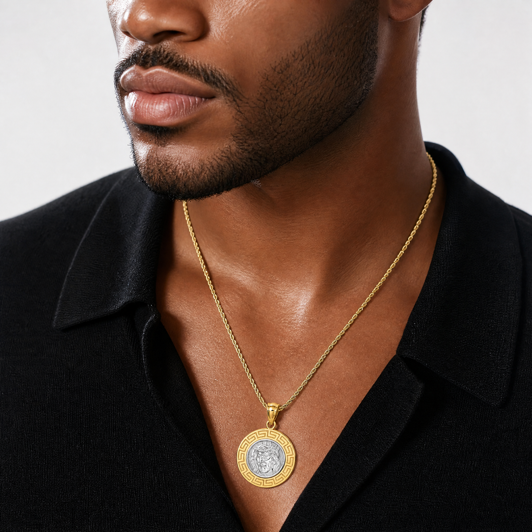 14K w/White Rhodium Jesus Medal - Model Shot