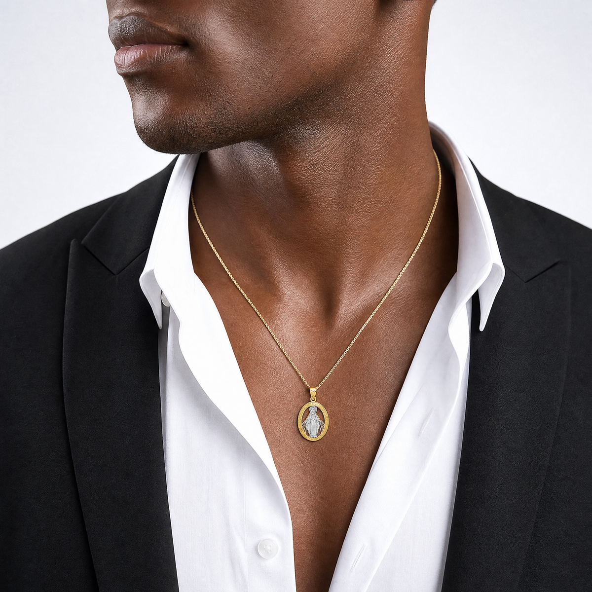 14K White Rhodium Polished Miraculous Medal Pendant - Model Shot