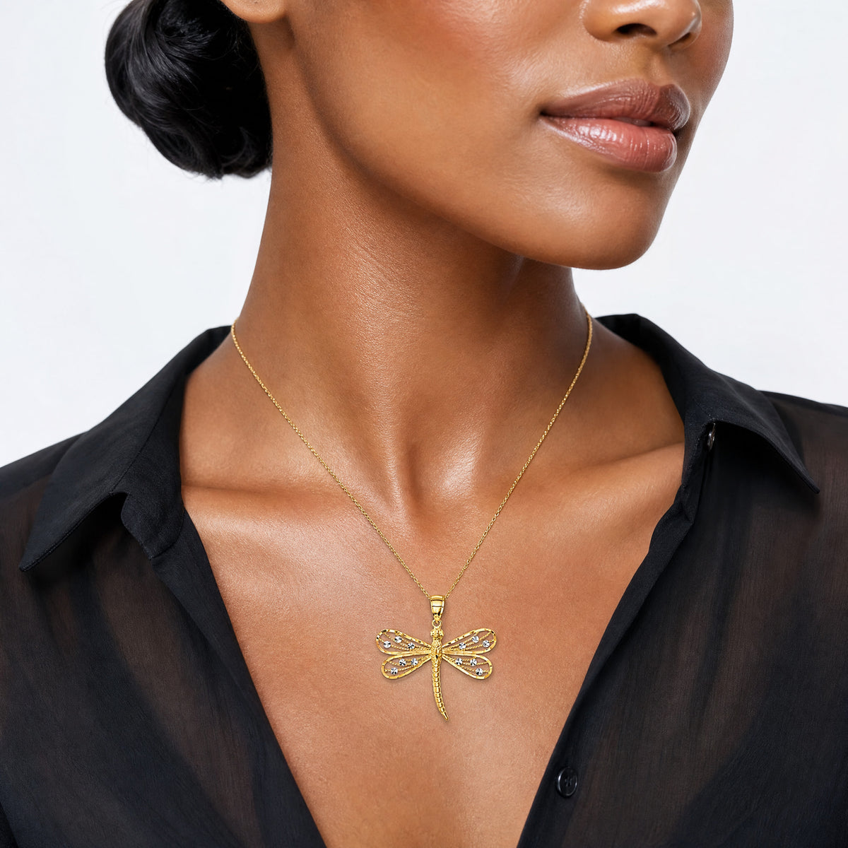 14K Diamond-cut White Rhodium Dragonfly Pendant - Model Shot