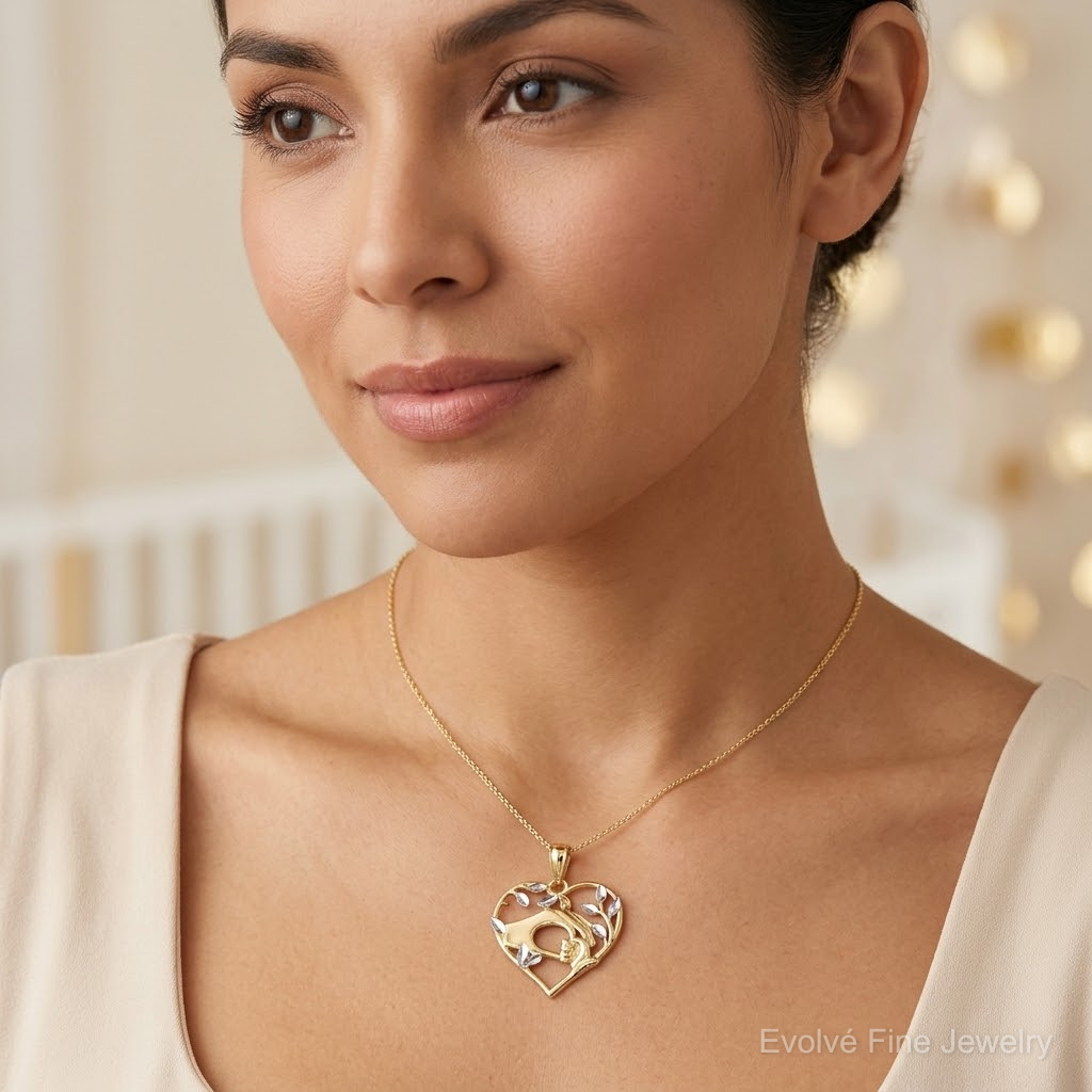 14k and White Rhodium D/C Mother and Child Hands in Heart Pendant - Model Shot